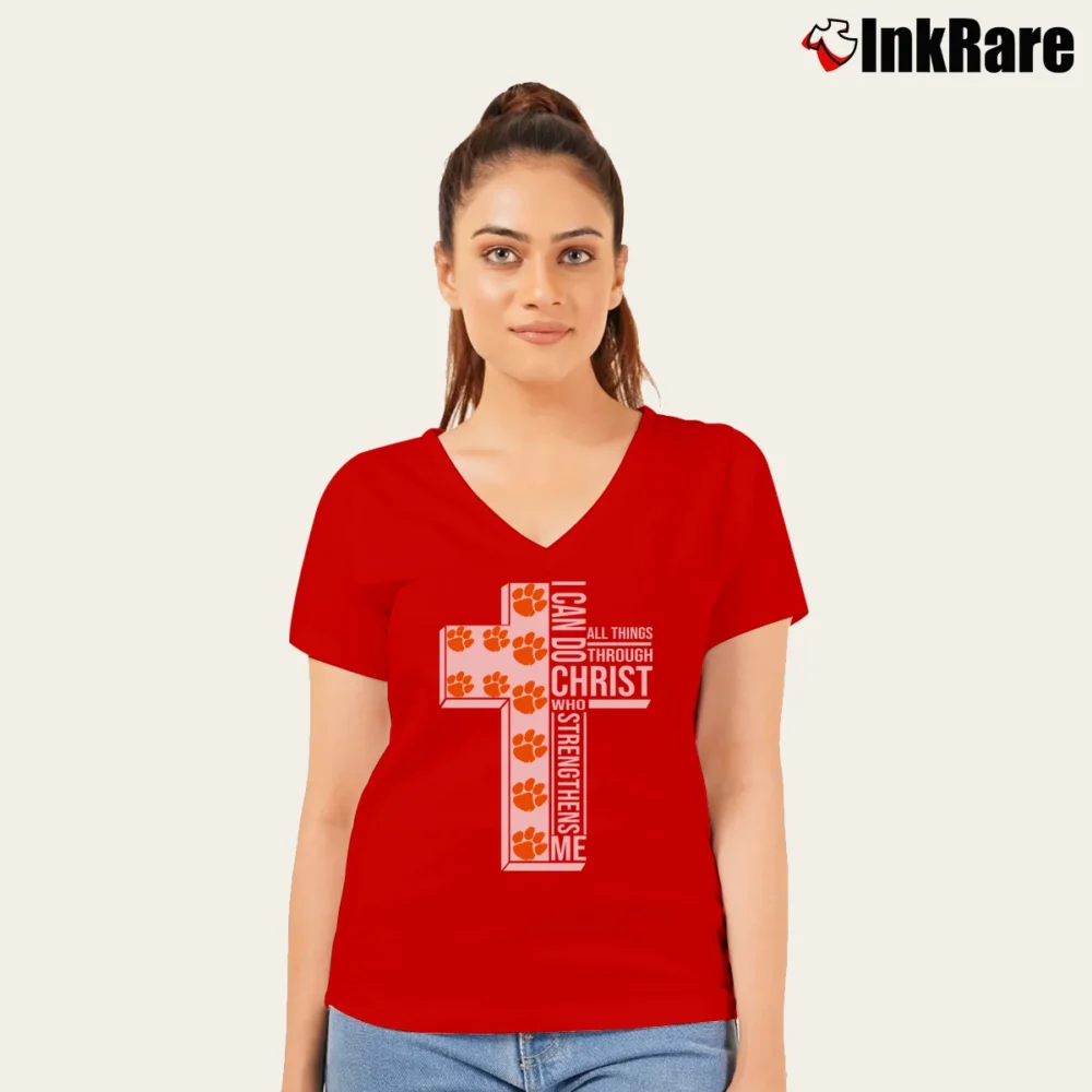 Women’s Clemson University Tiger Paw I Can Do All Things Through Christ Who Strengthens Me V-Neck Tee in red | Chic Neckline, Soft Texture