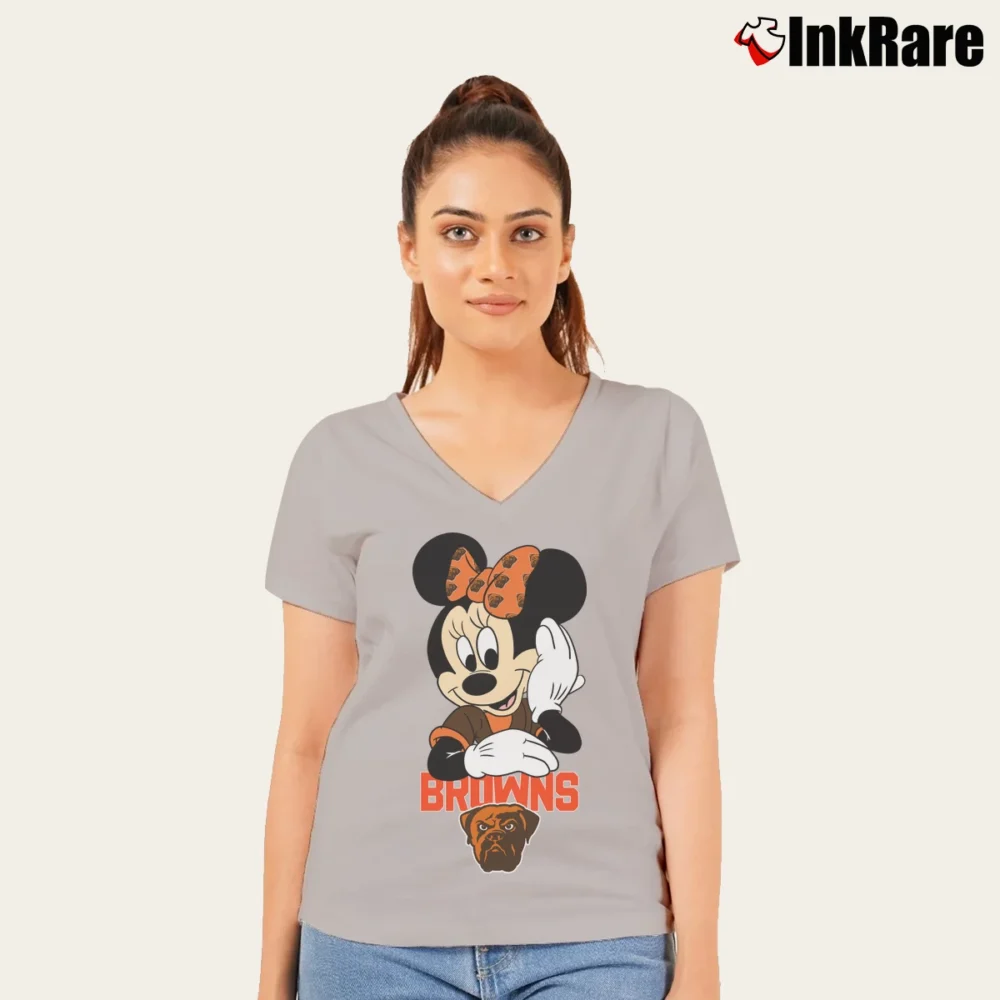 Women’s Cleveland Browns Football Mimi Mouse Walt Disney V-Neck Tee in sport grey | Chic Neckline, Soft Texture