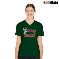 Women’s Cleveland Indians Snoopy Woodstock V-Neck Tee in forest green | Chic Neckline, Soft Texture