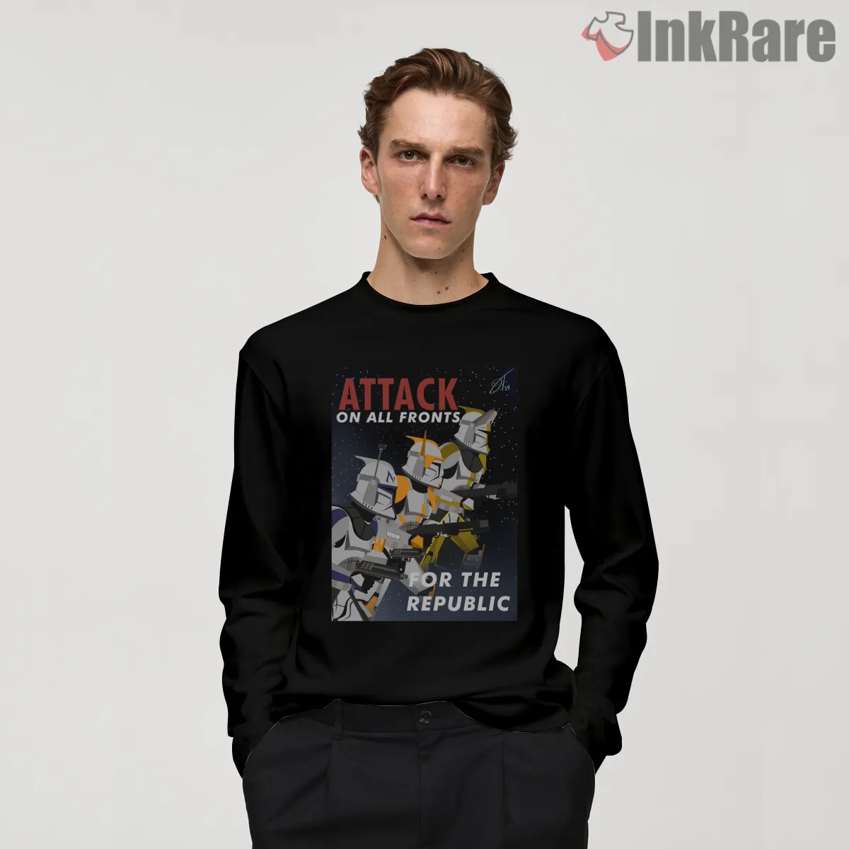 Clone Trooper Attack On All Fronts Poster Shirt on black long sleeve shirt for men graphic tee