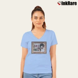Women’s Clown Bob Halloween 90s Scary Movie Horror V-Neck Tee in light blue | Chic Neckline, Soft Texture