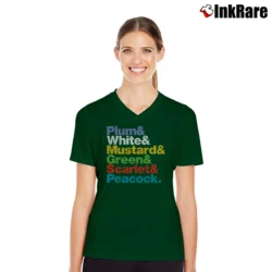Women’s Clue Movie Character Names V-Neck Tee in forest green | Chic Neckline, Soft Texture