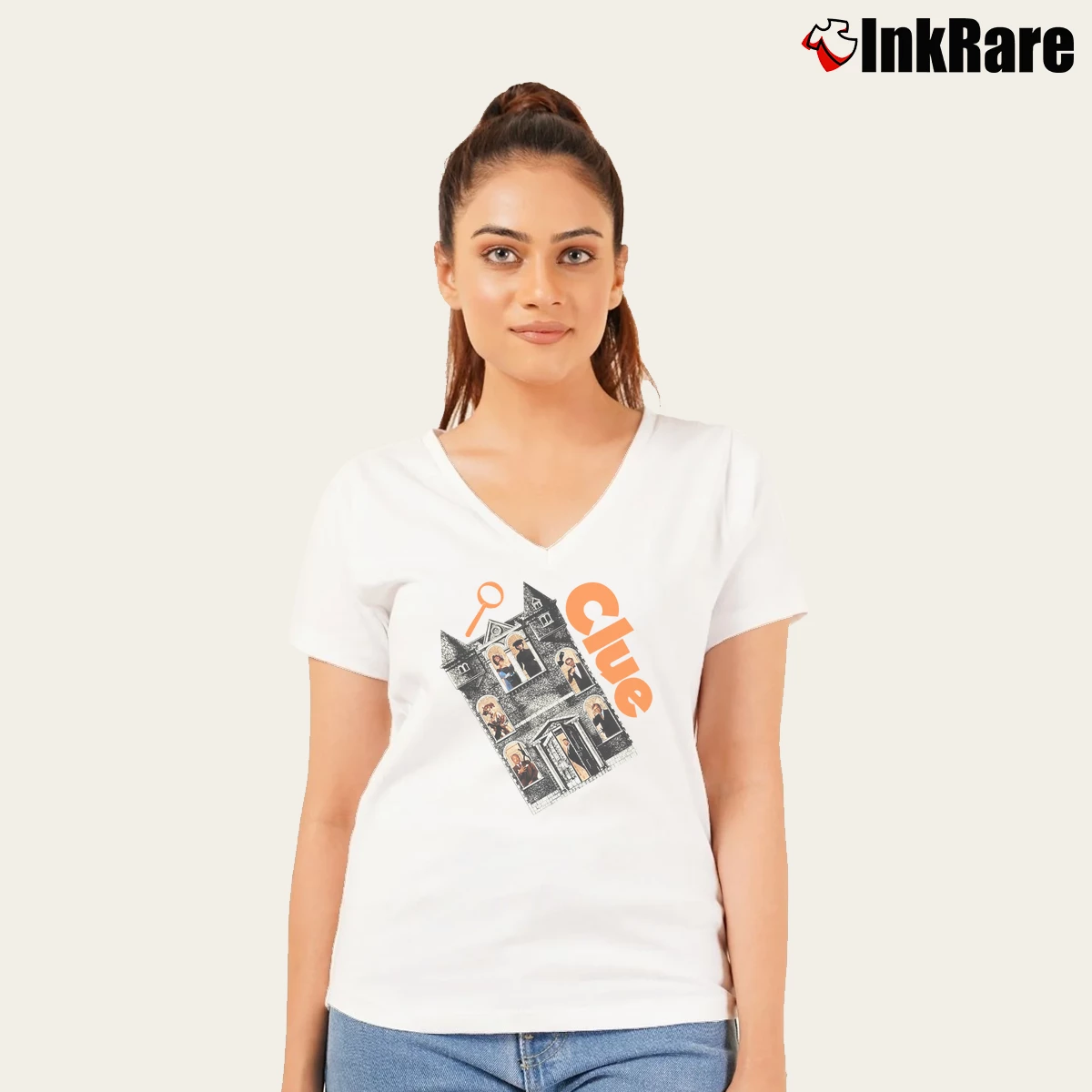 Women’s Clue Movie Funny Graphic Mystery V-Neck Tee in white | Chic Neckline, Soft Texture
