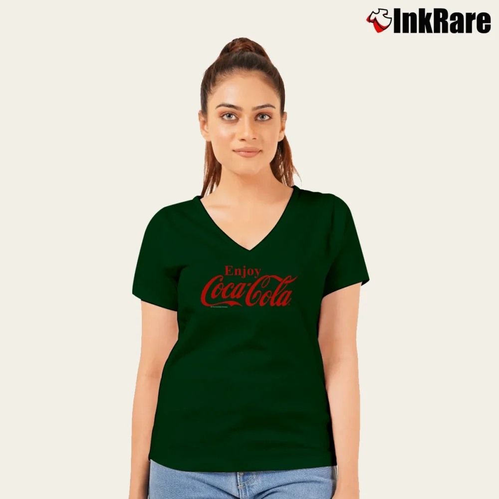 Women’s Coca Cola Enjoy Logo Red Graphic V-Neck Tee in forest green | Chic Neckline, Soft Texture