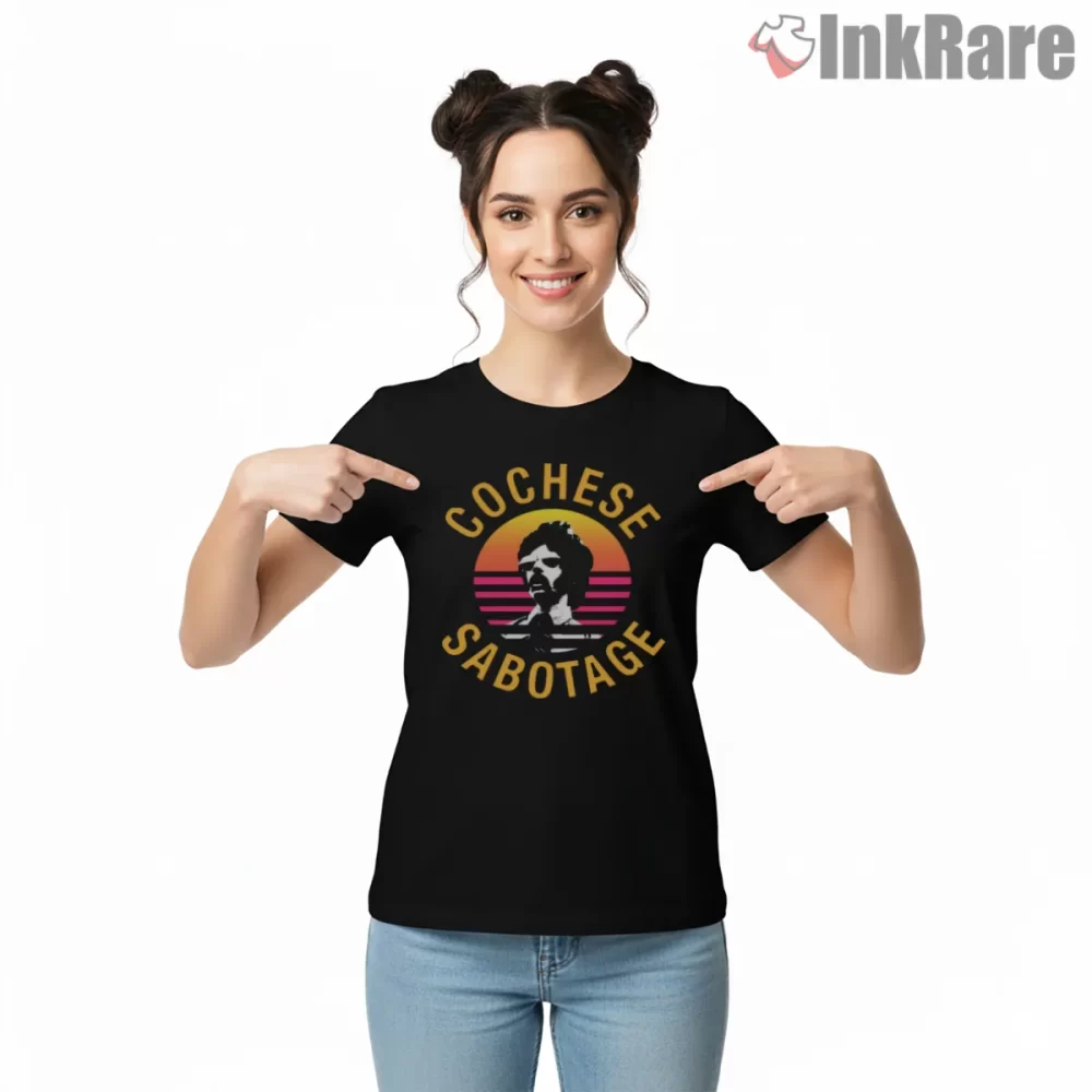 Cochese Sabotage Retro Badge Beastie Boys Shirt on black short sleeve shirt for women graphic tee