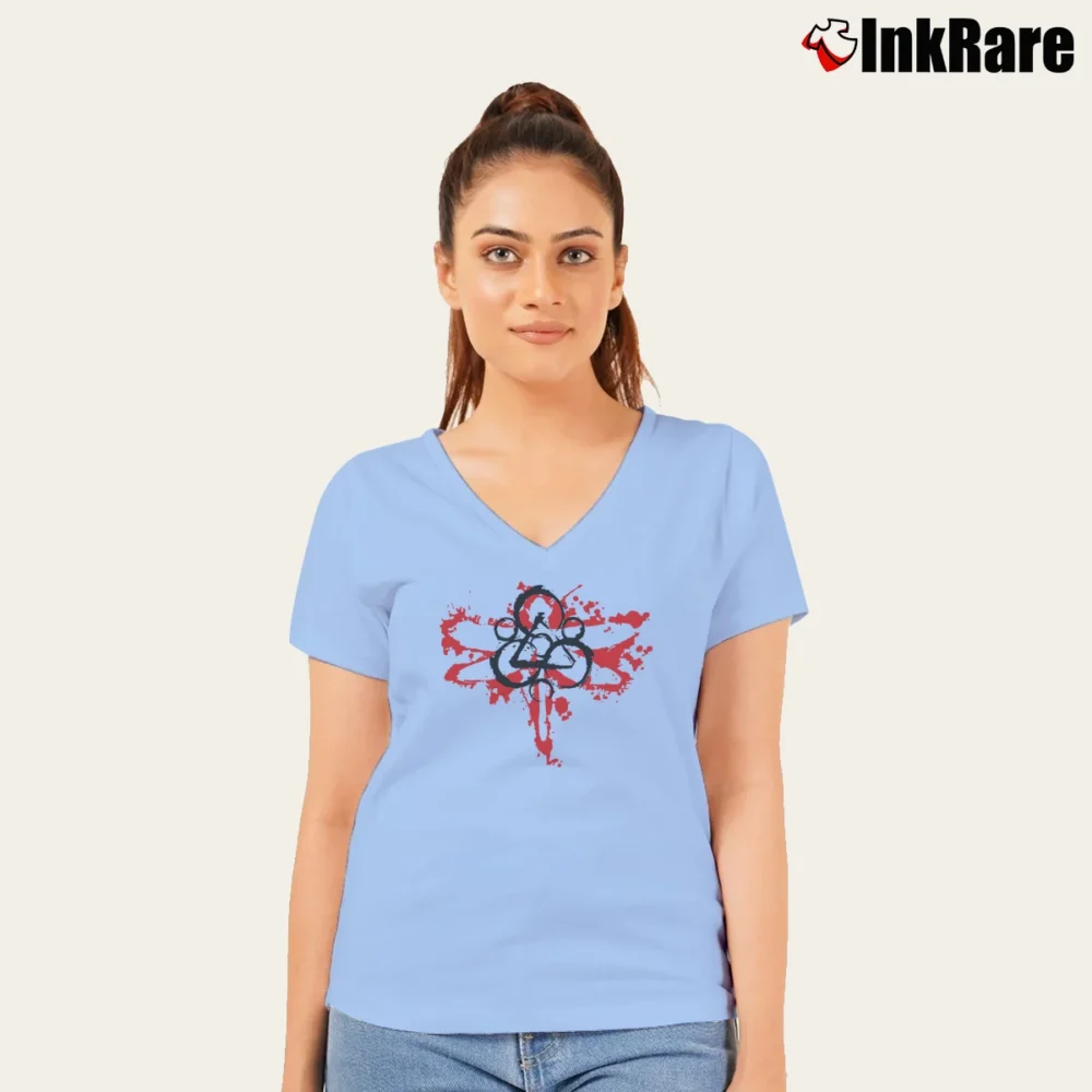 Women’s Coheed And Cambria Dragonfly Rock Band V-Neck Tee in light blue | Chic Neckline, Soft Texture