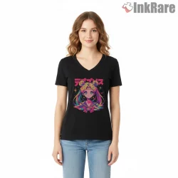 Colorful Magical Girl Portrait Pop Shirt on black v-neck shirt for women graphic tee
