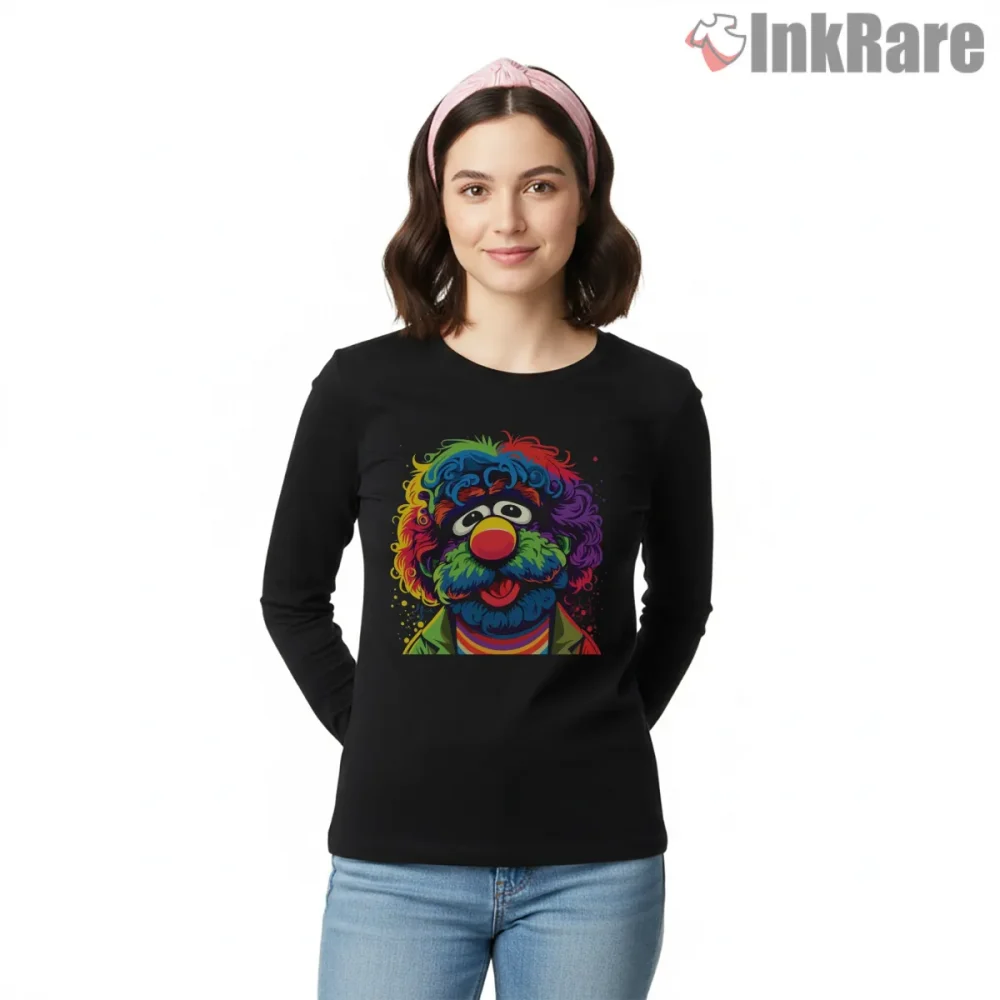 Colorful Muppet Neon Portrait Psychedelic Art Style Shirt on black long sleeve shirt for women graphic tee