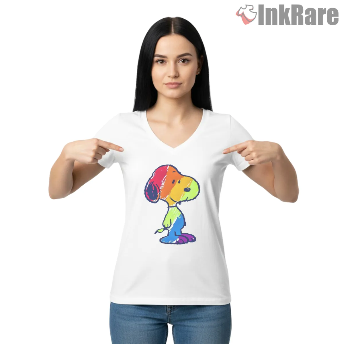 Colorful Painted Snoopy Artistic Shirt on white v-neck shirt for women graphic tee