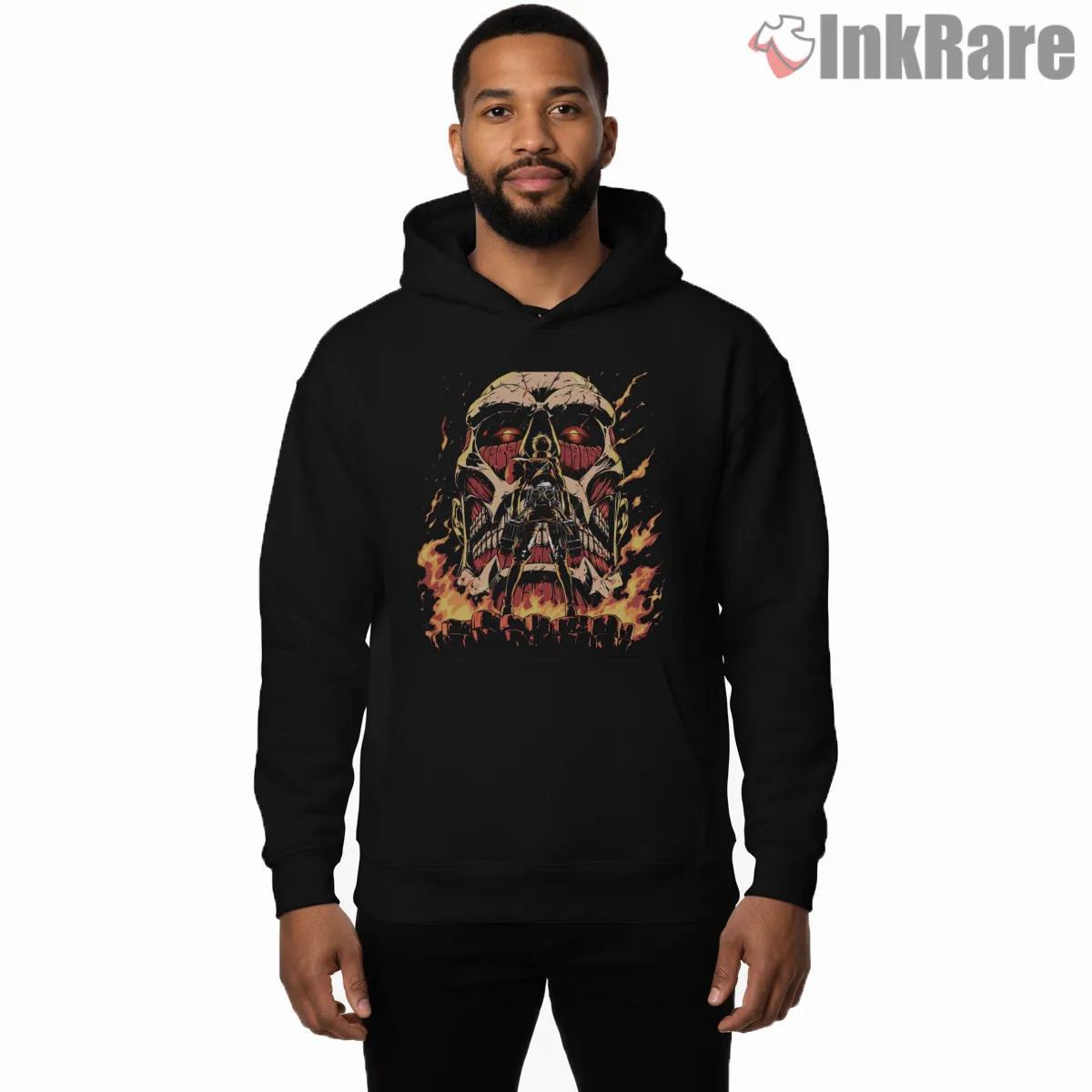 Colossal Fire Skull Attack On Titan Shirt on black hoodie for men graphic tee