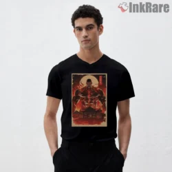 Colossal Titan Fire Red Temple Shirt on black v-neck shirt for men graphic tee