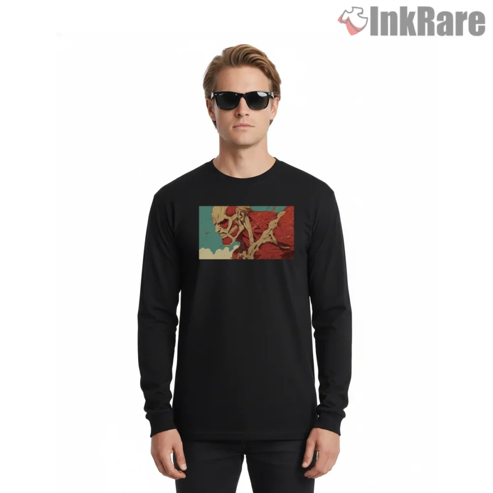 Colossal Titan Sea Wall Vintage Poster Shirt on black long sleeve shirt for men graphic tee
