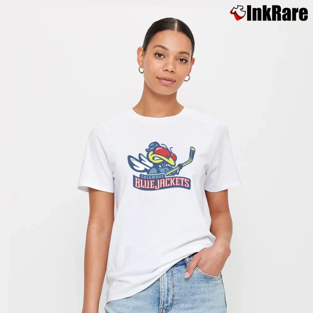 Women’s Columbus Blue Jackets NHL Hockey Mascot Signature T-Shirt in white | Soft, Flattering Fit