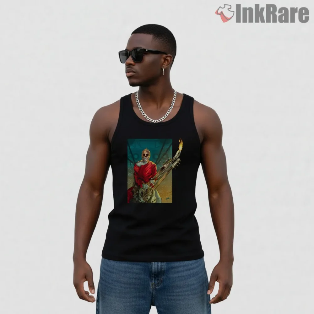 Coma Doof Warrior Flaming Guitar Mad Max Art Shirt on black tank top for men graphic tee
