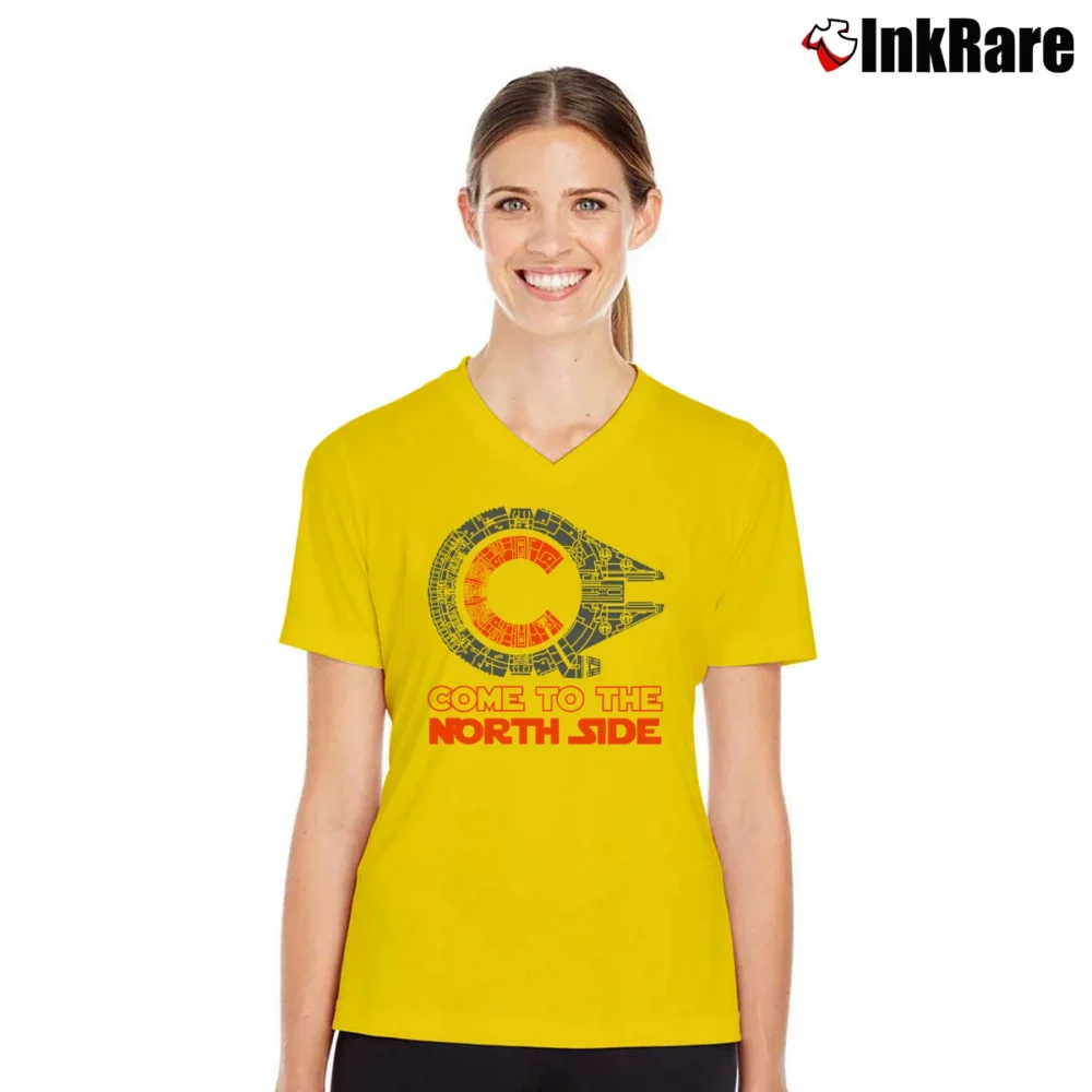 Women’s Come To The North Side Millennium Falcon Chicago Cubs V-Neck Tee in yellow | Chic Neckline, Soft Texture