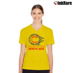 Women’s Come To The North Side Millennium Falcon Chicago Cubs V-Neck Tee in yellow | Chic Neckline, Soft Texture