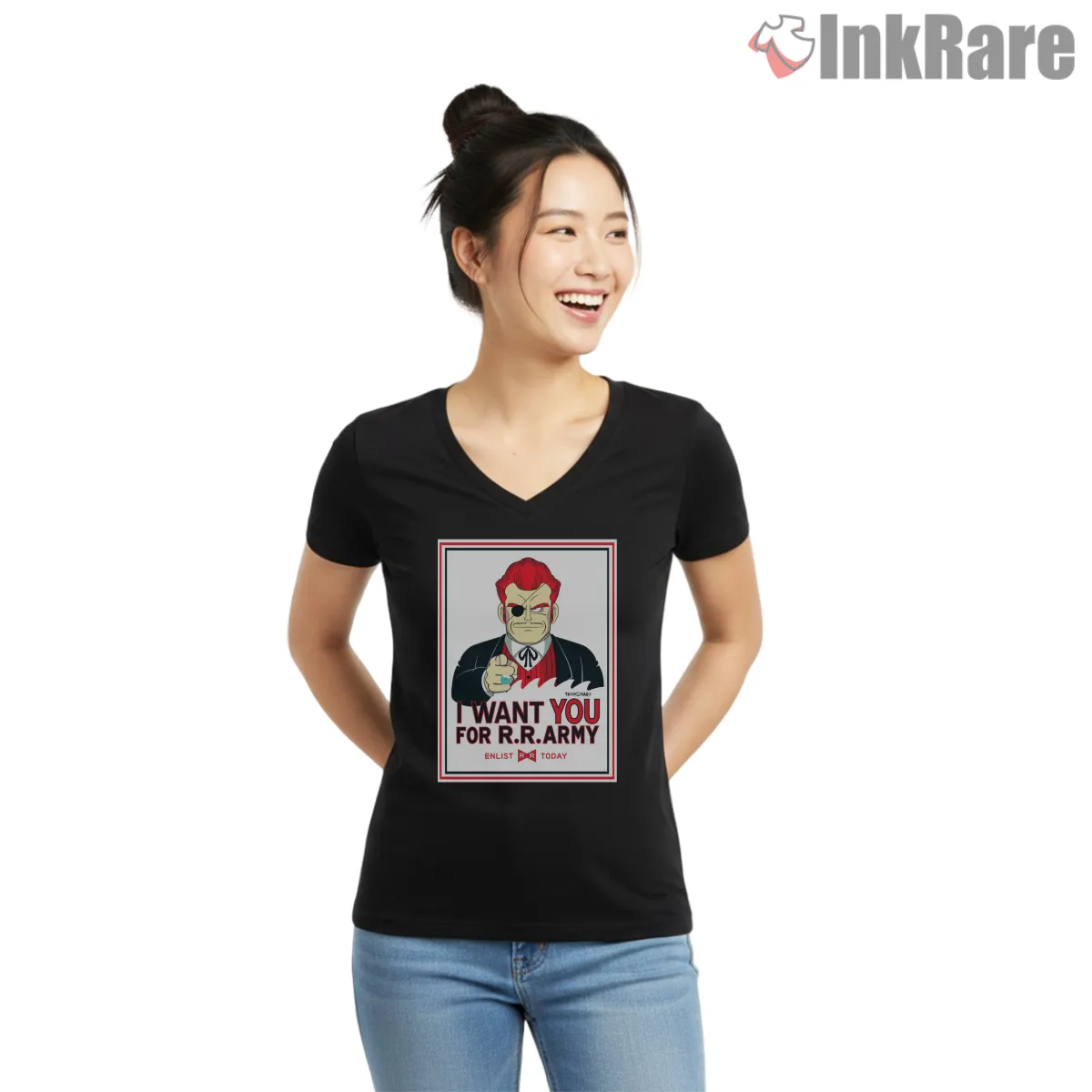 Commander Red Ribbon Army Recruitment V Neck Black Commander Red Ribbon Army Recruitment Shirt on black v-neck shirt for women graphic tee