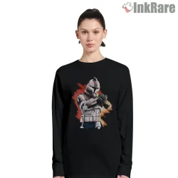 Commander Wolffe Phase One Battle Stance Shirt on black long sleeve shirt for women graphic tee