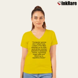 Women’s Computer Games Don't Affect Us V-Neck Tee in yellow | Chic Neckline, Soft Texture