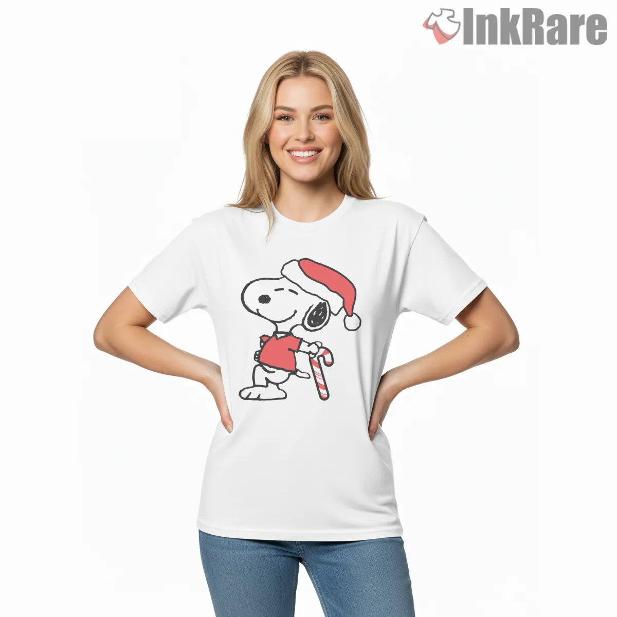 Cool Dog Snoopy Christmas Candy Cane Shirt on white short sleeve shirt for women graphic tee