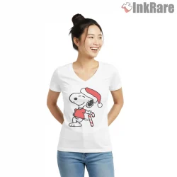 Cool Dog Snoopy Christmas Candy Cane Shirt on white v-neck shirt for women graphic tee