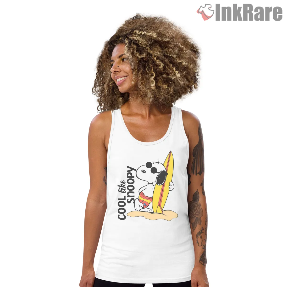Cool Like Snoopy Surfer Beach Vibes Shirt on white tank top for women graphic tee