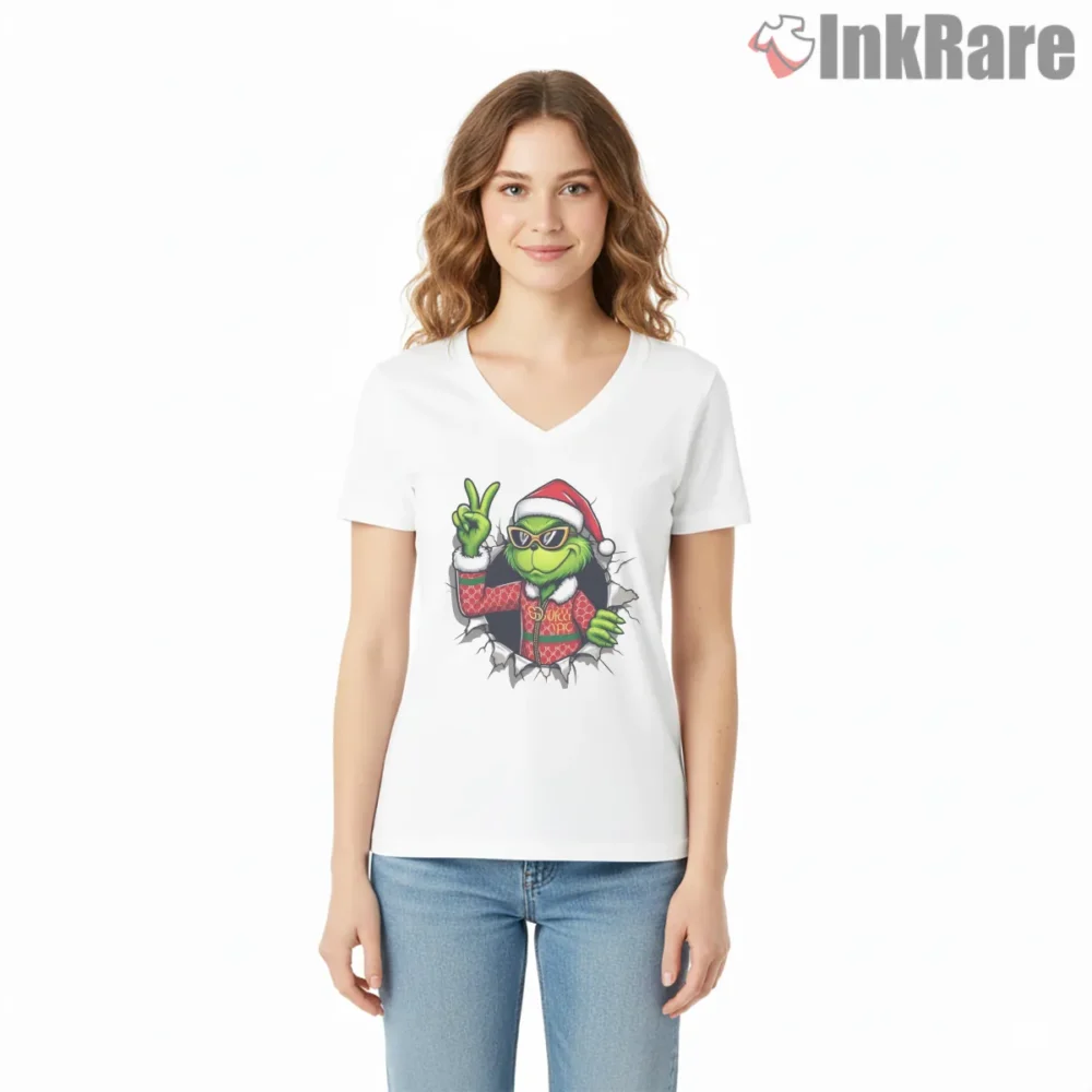 Cool Santa Grinch Swag Christmas Shirt on white v-neck shirt for women graphic tee