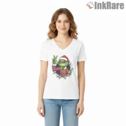 Cool Santa Grinch Swag Christmas Shirt on white v-neck shirt for women graphic tee
