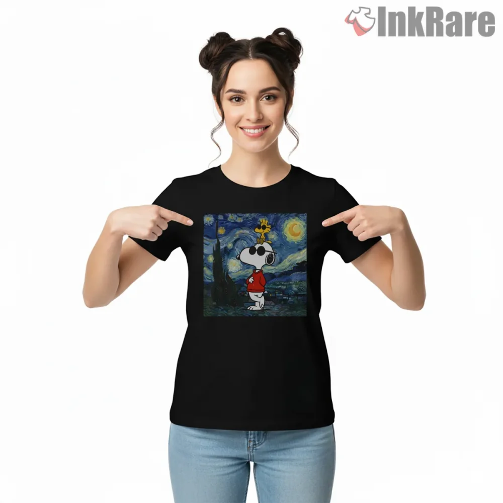 Cool Snoopy And Woodstock Starry Night Art Mashup Shirt on black short sleeve shirt for women graphic tee