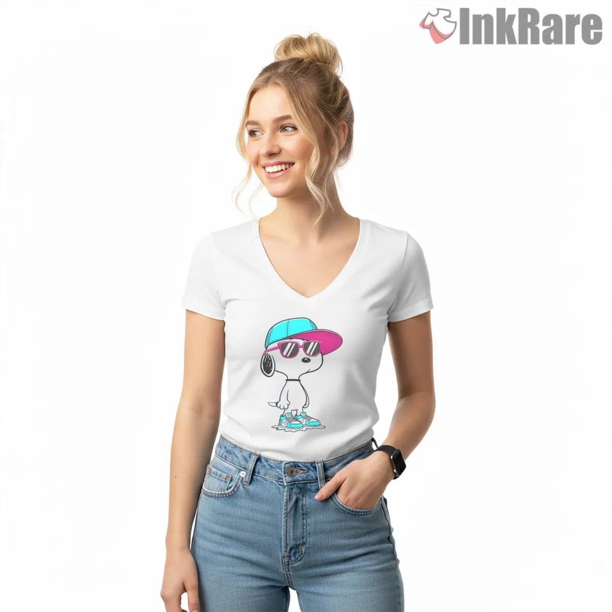 Cool Snoopy Streetwear Retro Pop Art Shirt on white v-neck shirt for women graphic tee