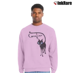 Men’s Coraline Cat Movie Graphic Crewneck Sweatshirt in light pink | Cozy Fabric, Clean Style