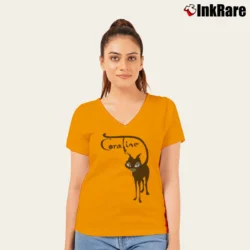Women’s Coraline Cat Movie Graphic V-Neck Tee in orange | Chic Neckline, Soft Texture