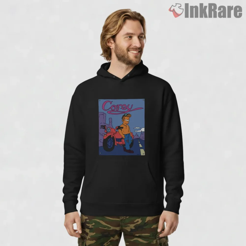 Corey Biker Poster Retro Cartoon Character Shirt on black hoodie for men graphic tee