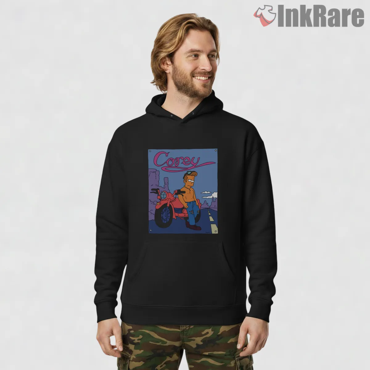 Corey Biker Poster Retro Cartoon Character Hoodie Black Corey Biker Poster Retro Cartoon Character Shirt on black hoodie for men graphic tee