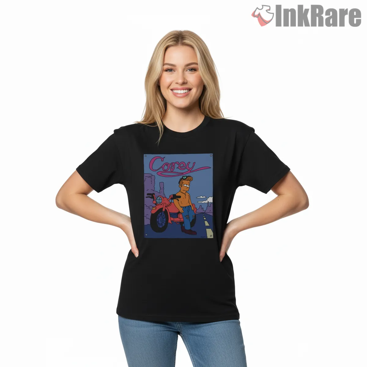 Corey Biker Poster Retro Cartoon Character Short Sleeve Black Corey Biker Poster Retro Cartoon Character Shirt on black short sleeve shirt for women graphic tee