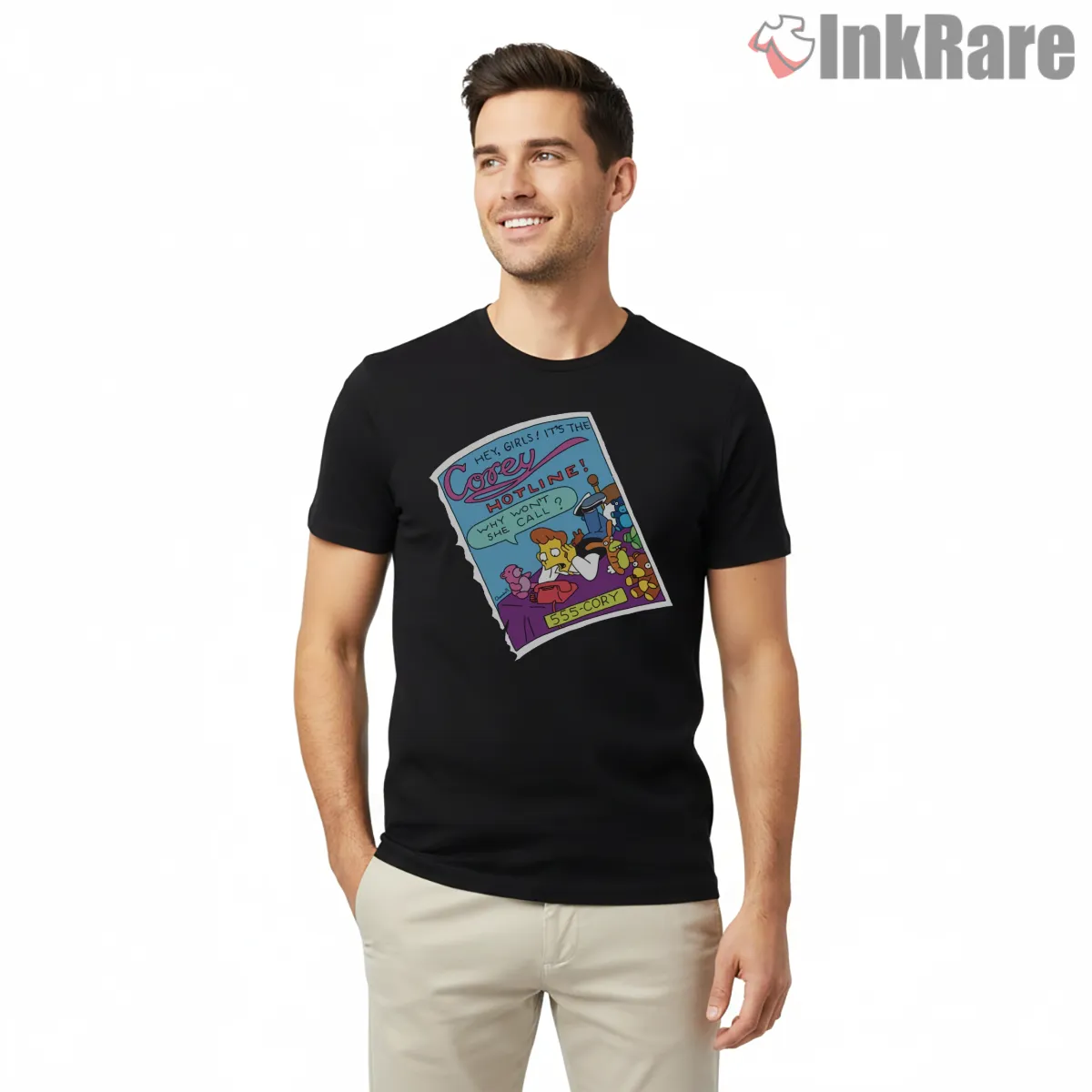 Corey Hotline Retro Cartoon Poster Style Shirt on black short sleeve shirt for men graphic tee