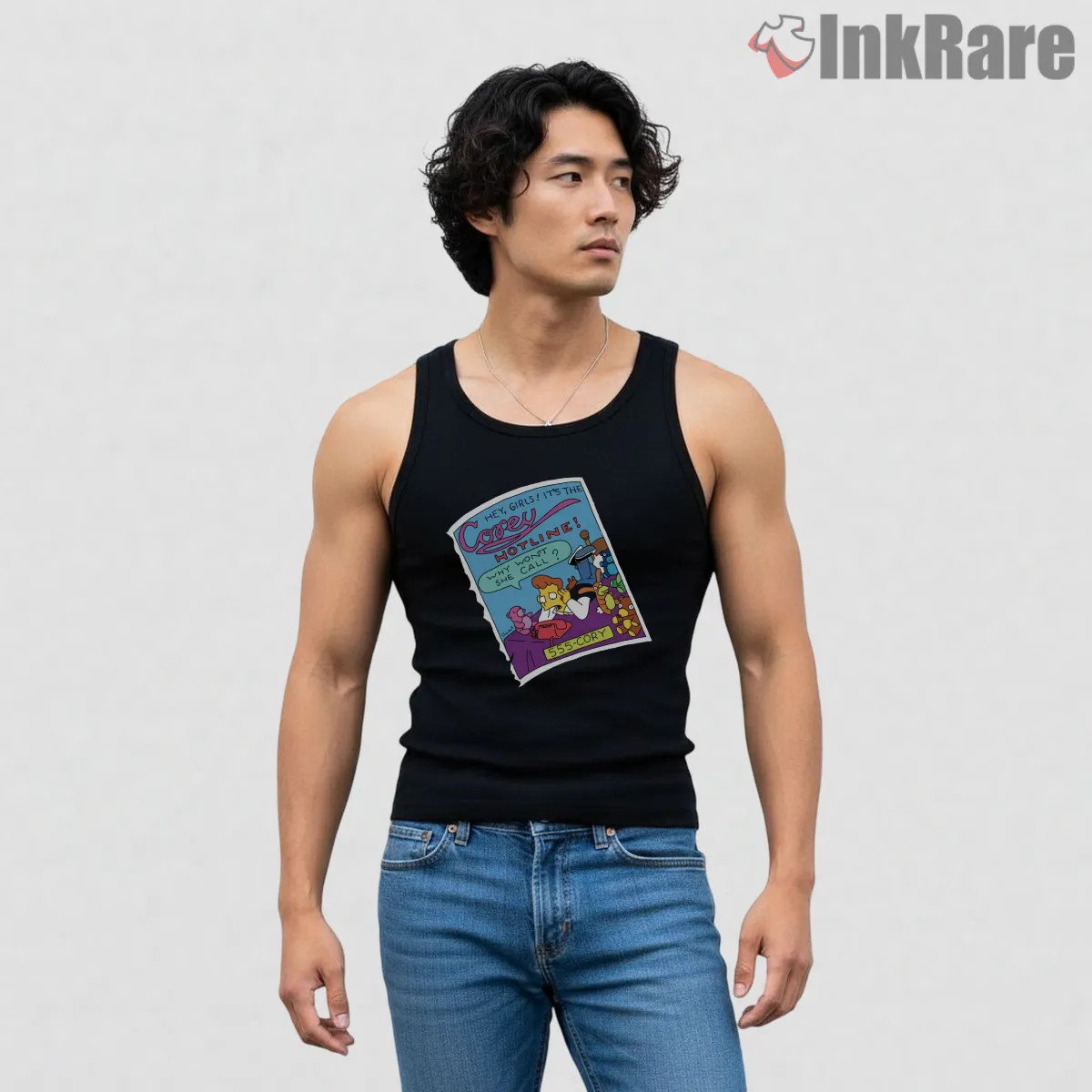 Corey Hotline Retro Cartoon Poster Style Tank Top Black Corey Hotline Retro Cartoon Poster Style Shirt on black tank top for men graphic tee