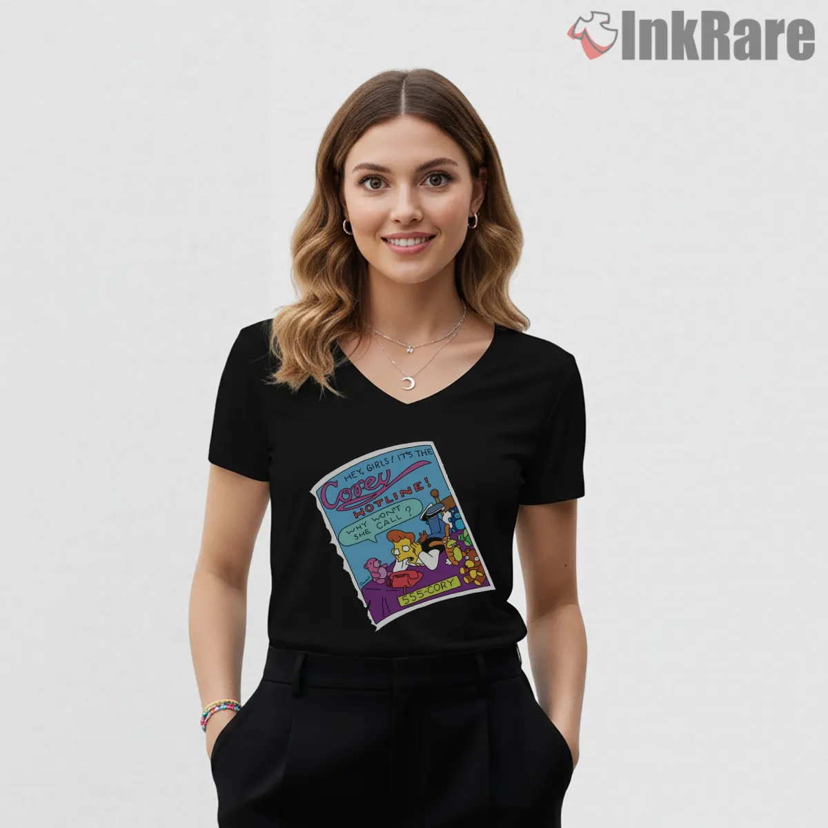 Corey Hotline Retro Cartoon Poster Style V Neck Black Corey Hotline Retro Cartoon Poster Style Shirt on black v-neck shirt for women graphic tee