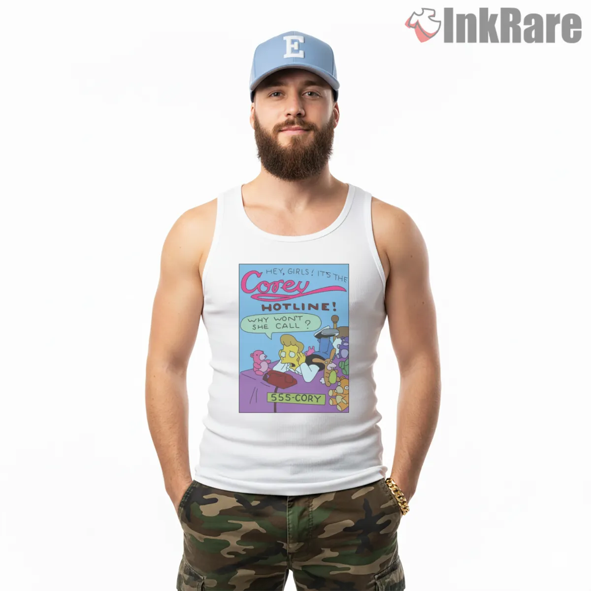 Corey Hotline Retro Pop Culture Cartoon Parody Tank Top White Corey Hotline Retro Pop Culture Cartoon Parody Shirt on white tank top for men graphic tee