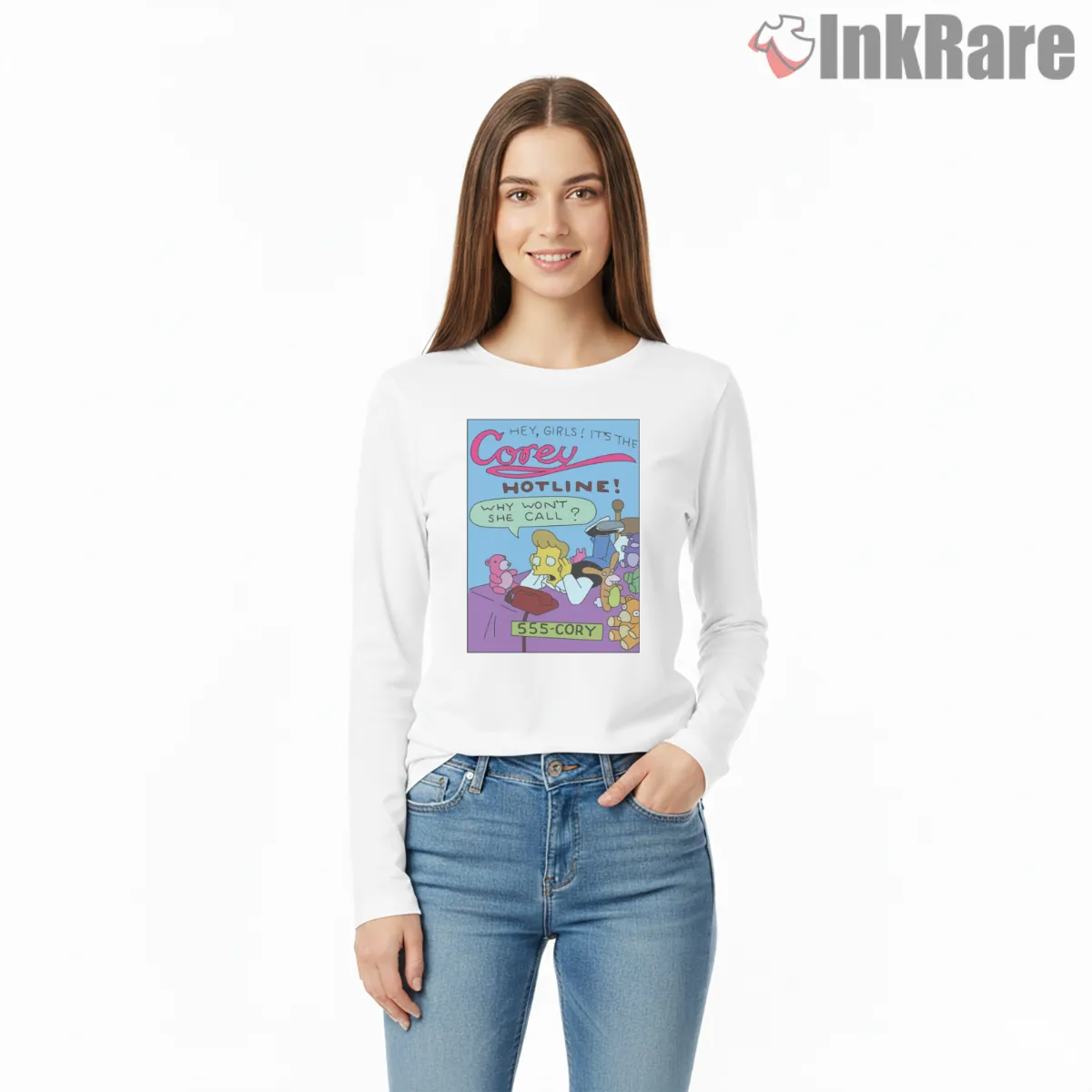 Corey Hotline Retro Pop Culture Cartoon Parody Long Sleeve White Corey Hotline Retro Pop Culture Cartoon Parody Shirt on white long sleeve shirt for women graphic tee