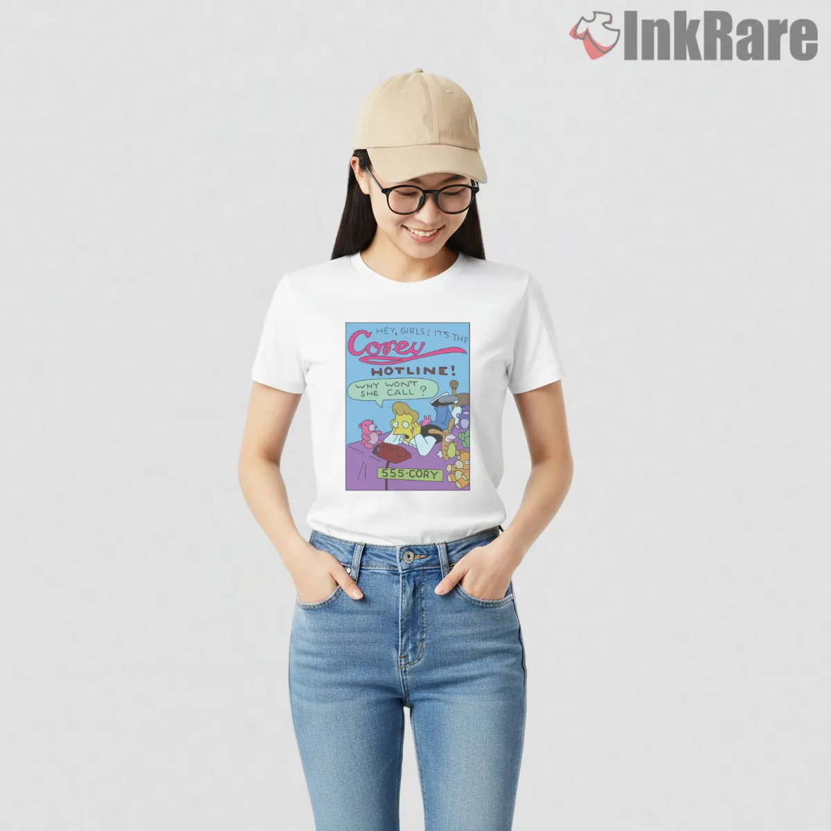 Corey Hotline Retro Pop Culture Cartoon Parody Short Sleeve White Corey Hotline Retro Pop Culture Cartoon Parody Shirt on white short sleeve shirt for women graphic tee