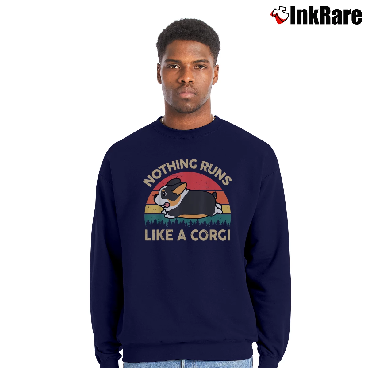 Men’s Corgi Nothing Runs Like A Corgi Lover Gift Crewneck Sweatshirt in navy | Cozy Fabric, Clean Style