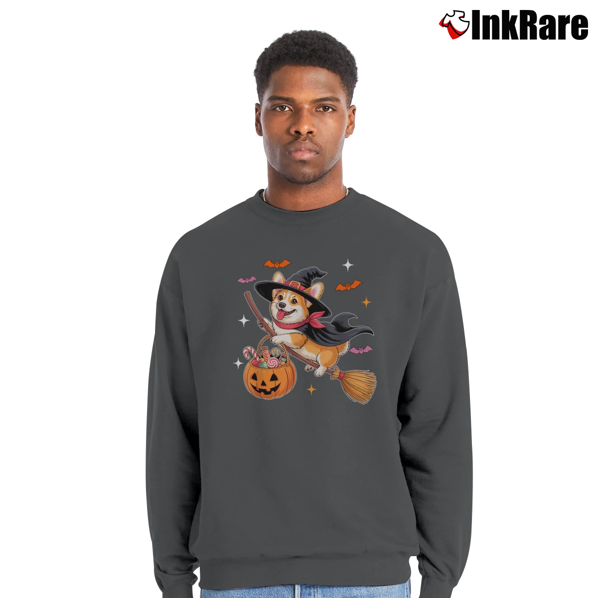 Men’s Corgi Witch On Broomstick Halloween Crewneck Sweatshirt in charcoal | Cozy Fabric, Clean Style