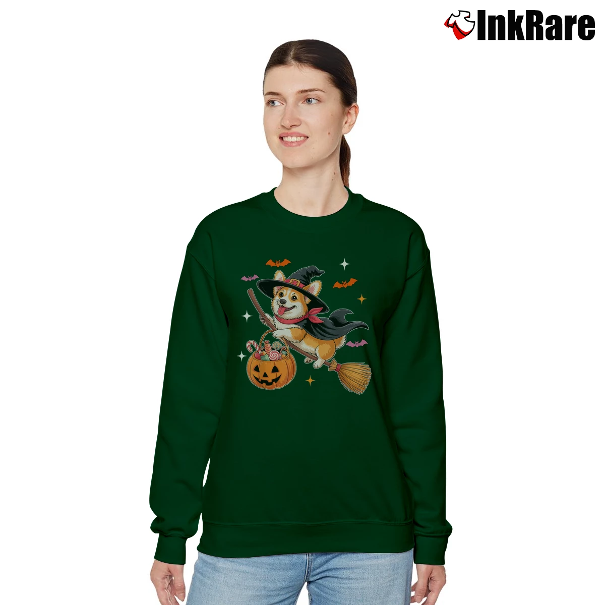 Women’s Corgi Witch On Broomstick Halloween Relaxed Sweatshirt in forest green | Soft, Laid-Back Vibe