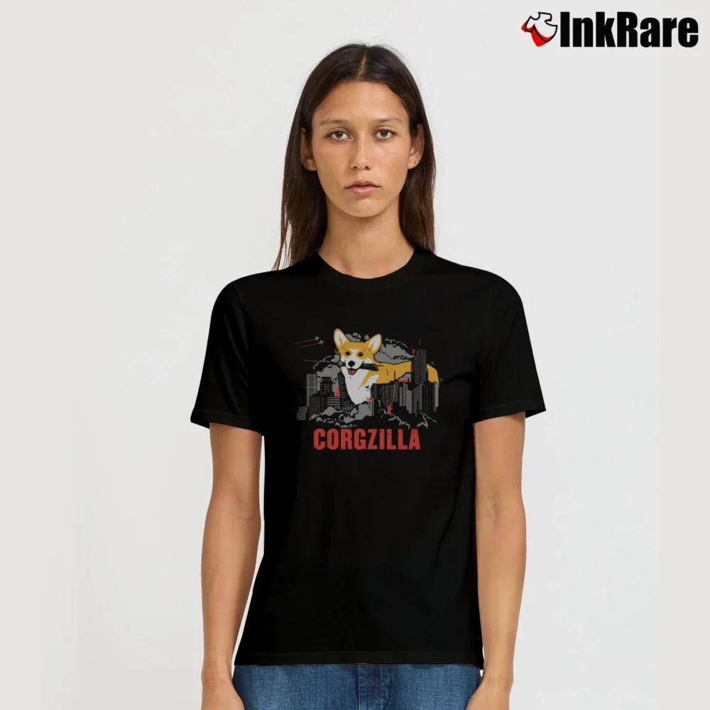 Women’s Corgzilla Funny Corgi Dog And Godzilla Mashup Signature T-Shirt in black | Soft, Flattering Fit