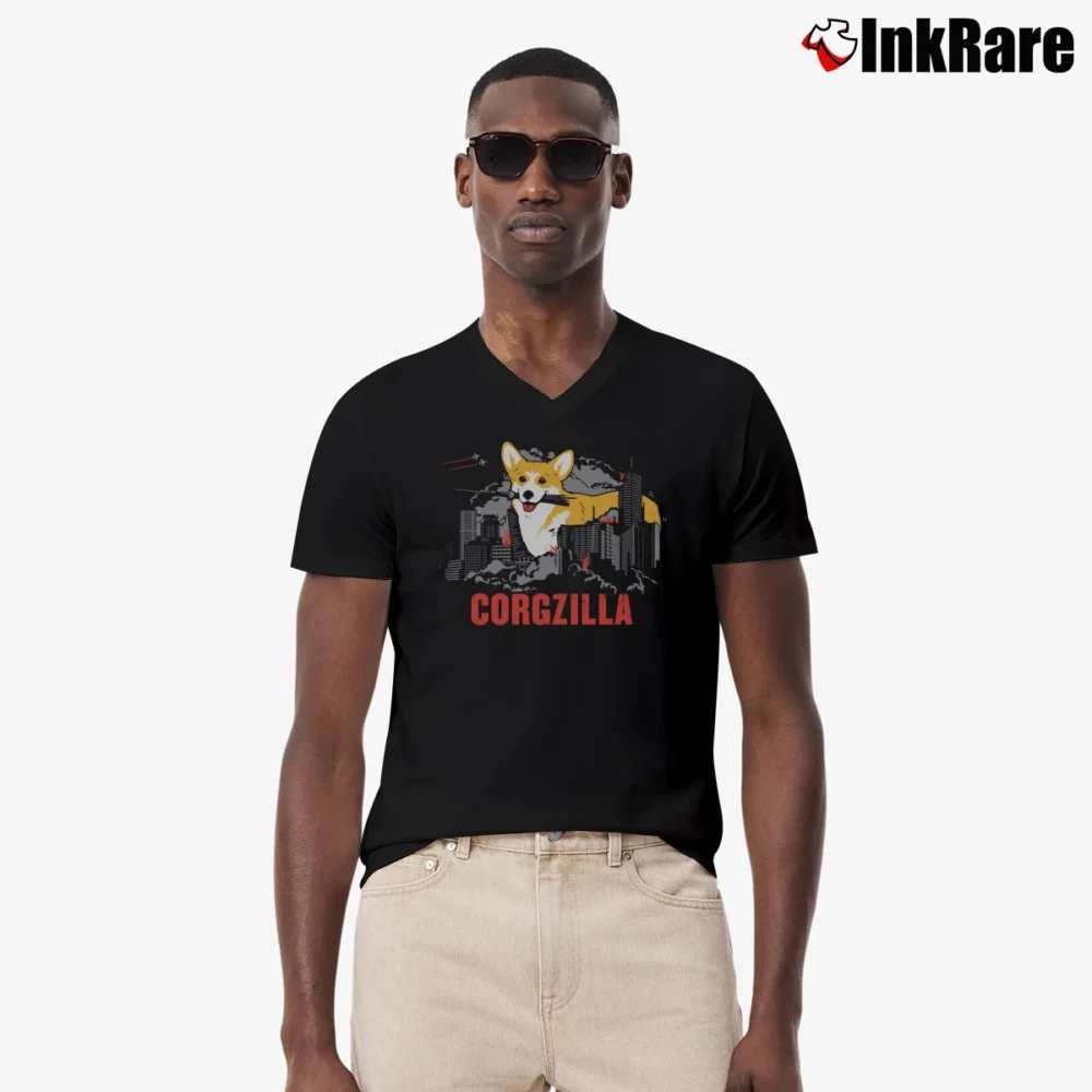 Men’s Corgzilla Funny Corgi Dog And Godzilla Mashup V-Neck Tee in black | Sharp, Breathable, Everyday Staple