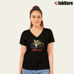 Women’s Corgzilla Funny Corgi Dog And Godzilla Mashup V-Neck Tee in black | Chic Neckline, Soft Texture