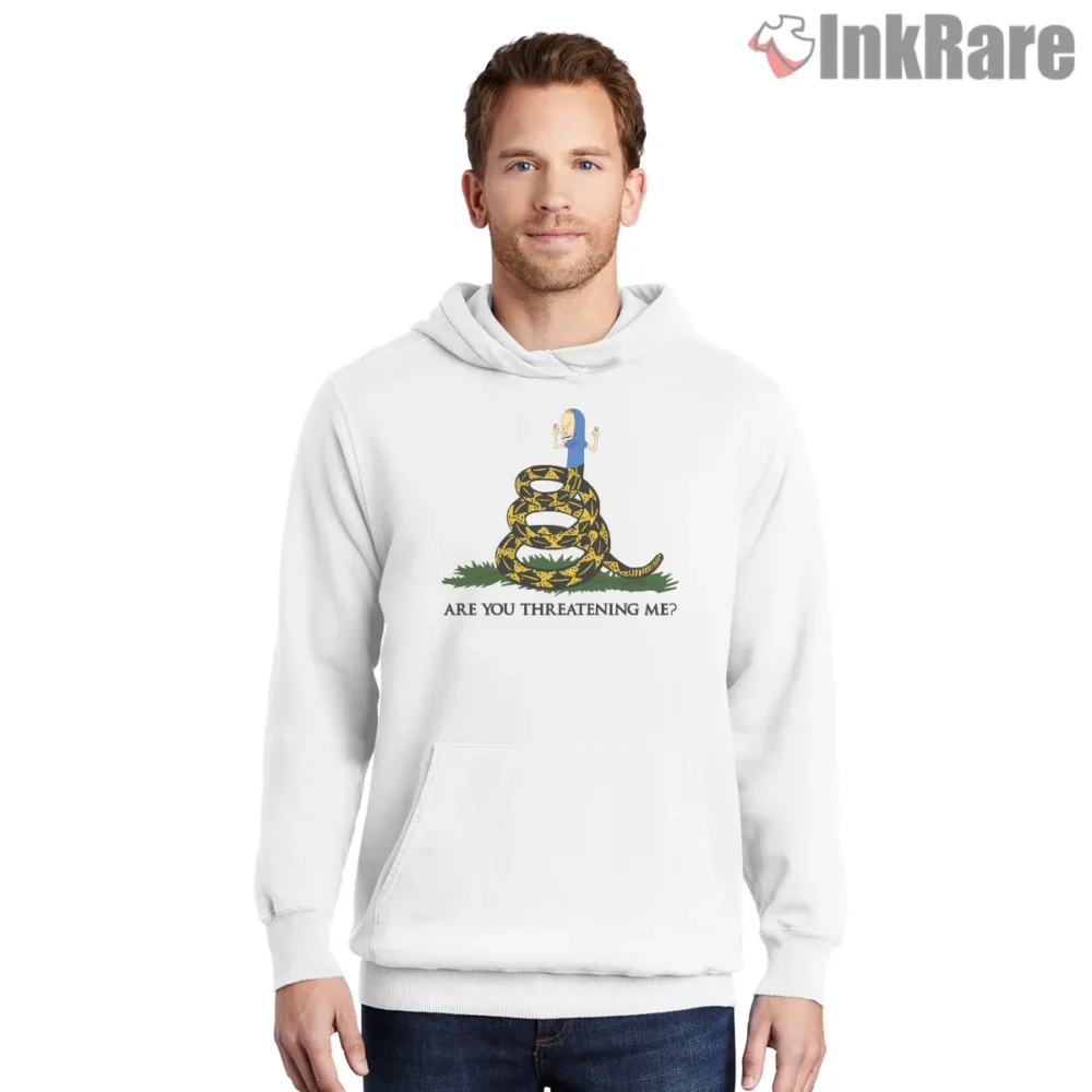 Cornholio Are You Threatening Me Gadsden Flag Shirt on white hoodie for men graphic tee