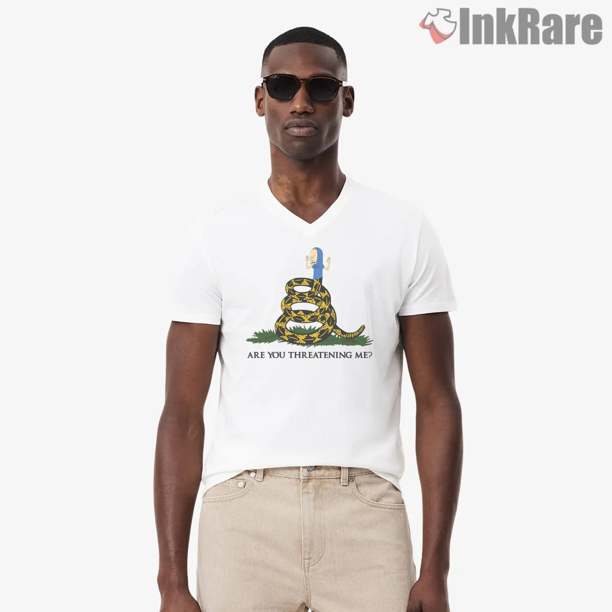Cornholio Are You Threatening Me Gadsden Flag V Neck White Cornholio Are You Threatening Me Gadsden Flag Shirt on white v-neck shirt for men graphic tee