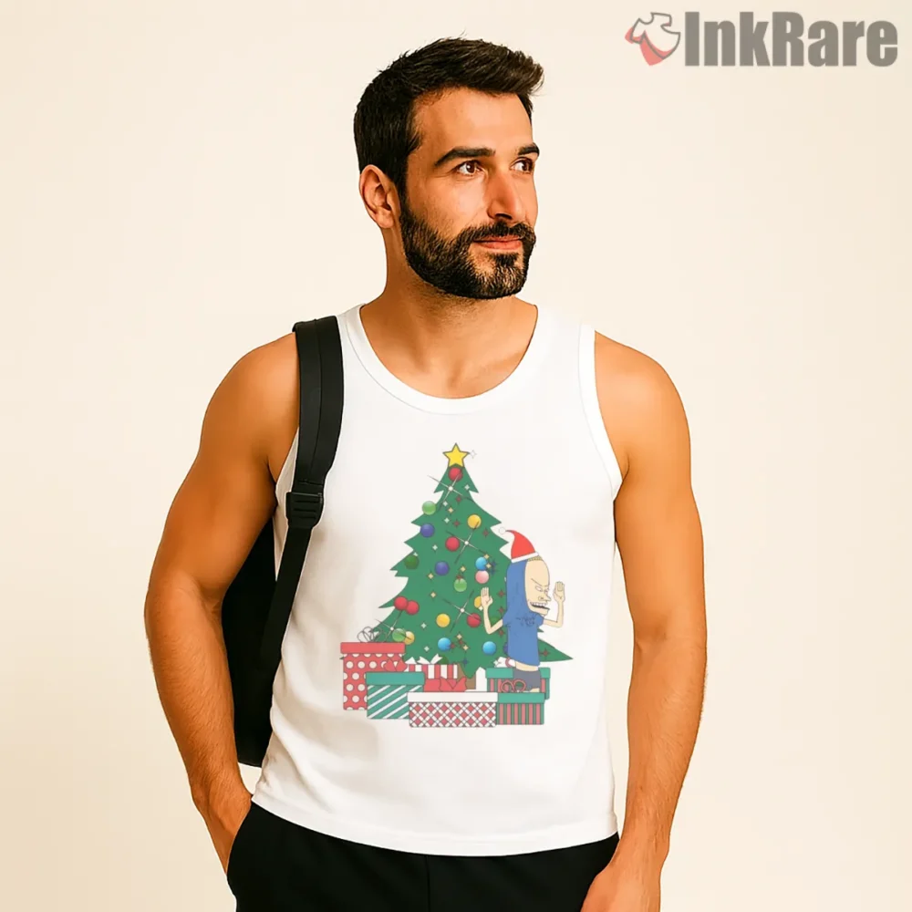 Cornholio Christmas Tree Funny Holiday Shirt on white tank top for men graphic tee